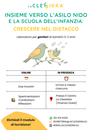 Laboratorio per bambini 2-3 anni accompagnati da un genitore: un ambiente accogliente dove stare insieme e iniziare ad esplorare il mondo. Attraverso il gioco e l'ascolto di storie, i bambini potranno costruire il loro primo ponte verso il nido, muovendo piccoli passi verso l'autonomia nel pieno rispetto dei propri tempi. Un’esperienza preziosa per imparare a custodire e portare con sé qualcosa di familiare, anche quando si è lontani